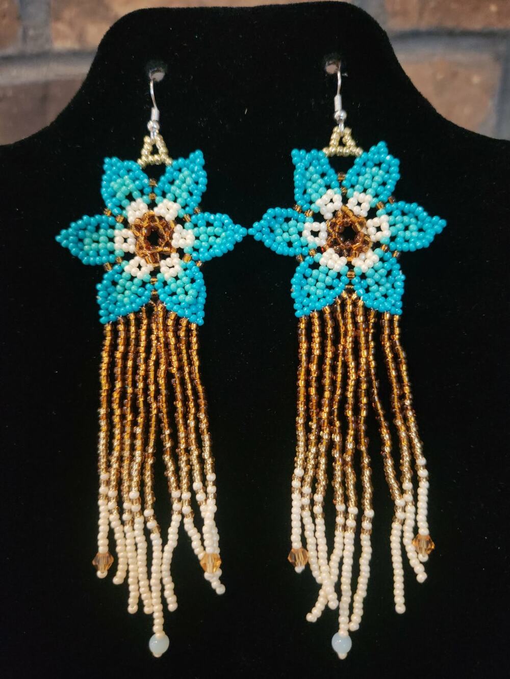 Turquoise & Gold Beaded Floral Tassel Earrings with Long Gradient Fringe.